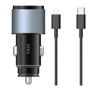 Car charger adapter with two cables—Lightning and USB-C—for charging devices in a vehicle.