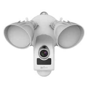 White multi-lens security camera with three side lenses and a central camera on a mounting bracket for 360-degree surveillance.