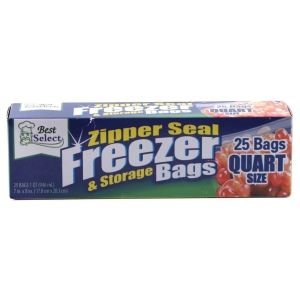 Box of Best Select Zipper Seal Freezer & Storage Bags, 25 quart-size bags