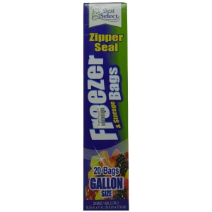 CSY-017098 - Computech-Solutions Vertical packaging for zipper-seal bags; includes 'Best Select' logo, 'Zipper Seal' text, and '20 Bags' 'Gallon Size' with colorful fruit graphics.
