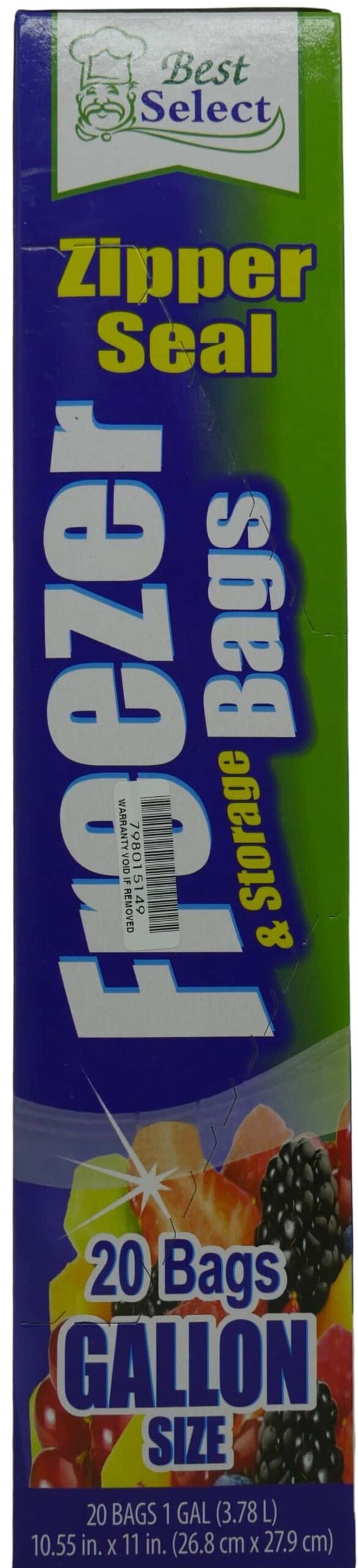 CSY-017098 - Computech-Solutions Vertical packaging for zipper-seal bags; includes 'Best Select' logo, 'Zipper Seal' text, and '20 Bags' 'Gallon Size' with colorful fruit graphics.