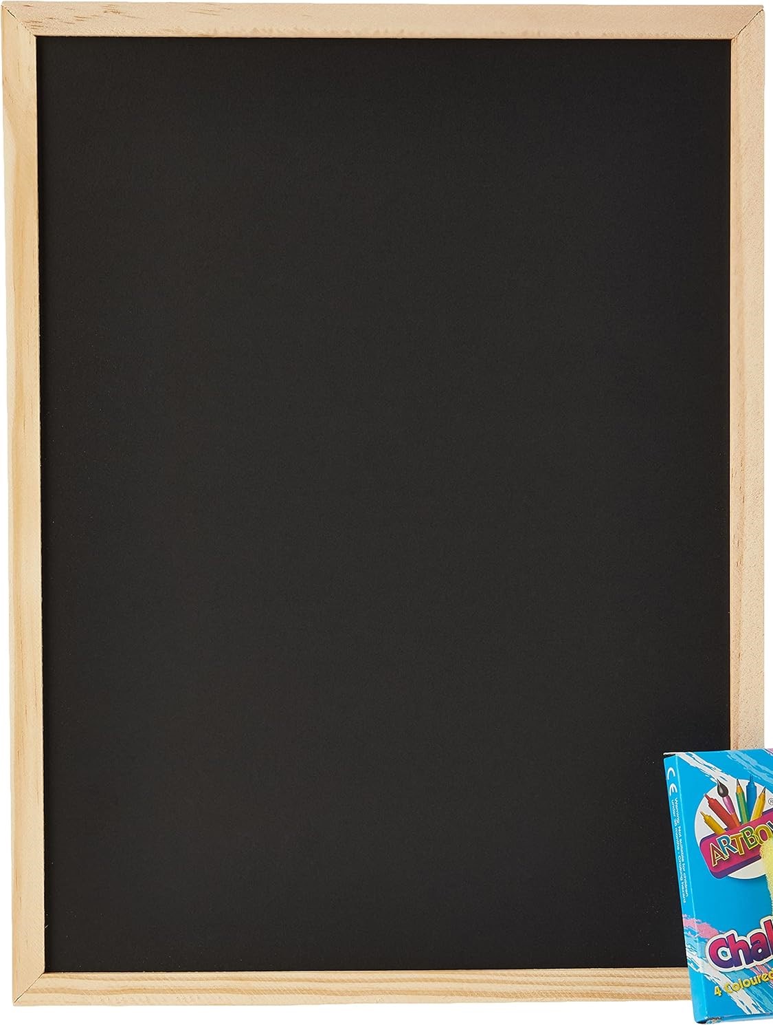 CSY-0634-13 - Computech-Solutions Black chalkboard with a light wood frame, and a partial blue art supplies box visible in the bottom-right corner.