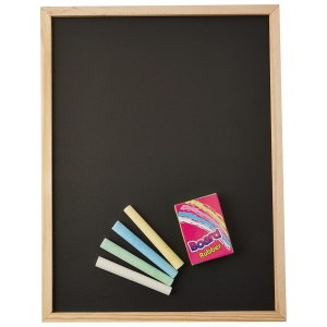 Small chalkboard with a row of pastel chalks (white through pink) and a pink rubber eraser in the bottom right corner.
