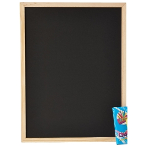 Wood-framed black chalkboard with a small box of colored pencils visible in the bottom right corner