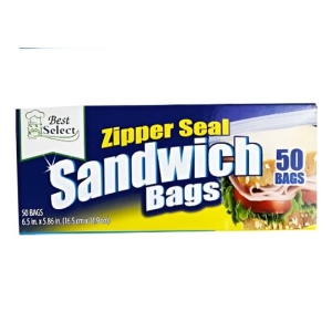 CSY-17074 - Computech-Solutions Box of Best Select Zipper Seal Sandwich Bags, 50 bags (6.5 x 5.85 in / 16.5 x 14.9 cm) with a sandwich image on the packaging.