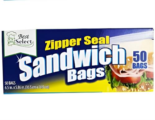 CSY-17074 - Computech-Solutions Box of Best Select Zipper Seal Sandwich Bags, 50 bags (6.5 x 5.85 in / 16.5 x 14.9 cm) with a sandwich image on the packaging.