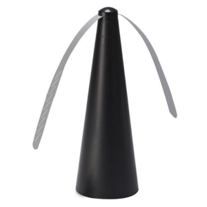 Black cone-shaped object with a rounded top and two gray ribbons looping over the top.
