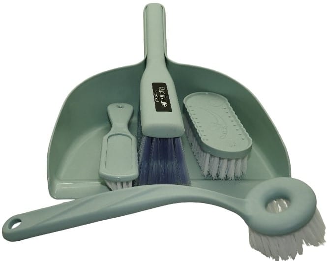 CSY-575-HZ0395-LGRN - Computech-Solutions Green cleaning set featuring a dustpan with a long-handled brush, a smaller scrub brush, and a separate curved-handled brush with white bristles.