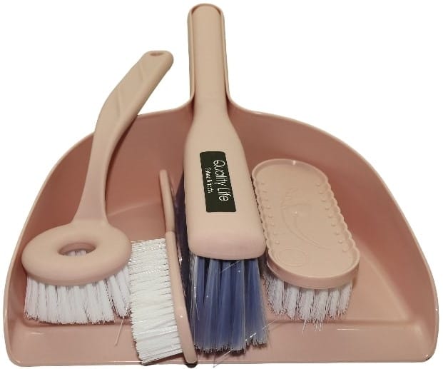 CSY575HZ0395P ComputechSolutions Pink plastic toy cleaning set laid in a pink dustpan, including three brushes of varying sizes and shapes.
