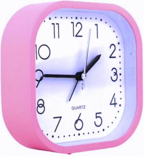 CSY-7056-PNK - Computech-Solutions Pink square analog alarm clock with a white face, black numbers, and black hands