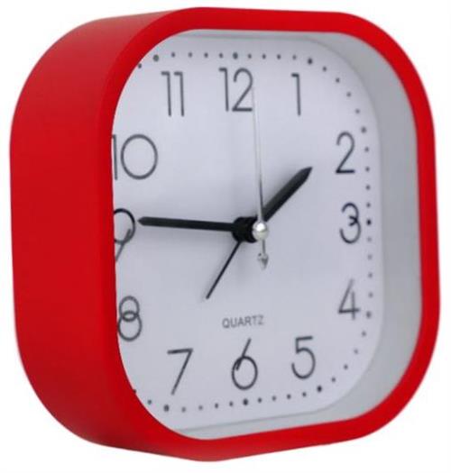 CSY-7056-RD - Computech-Solutions Red square alarm clock with white face showing about 9:00 on a light background