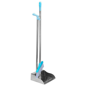 Floor cleaning tool: metal squeegee with blue handles, featuring an attached blue brush for scrubbing and drying floors.