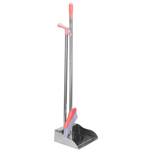 Long-handled snow shovel with pink handles and a built‑in pink brush for sweeping snow.