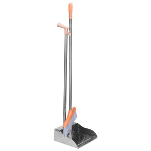 CSY-7982-34-Y - Computech-Solutions Long-handled snow shovel with a blue-bristled brush attached to the blade and orange grips.