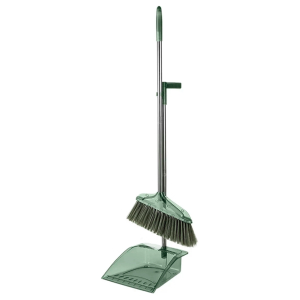 Green broom and matching dustpan set with long metal handle, standing upright for sweepingDebris collection tool for floors