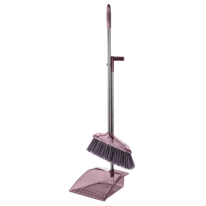 CSY-7982-36-PUR - Computech-Solutions Tall pink broom with black bristles attached to a matching pink dustpan, shown upright with a small clip-on holder.