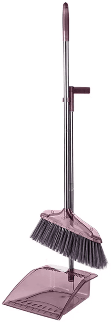 CSY-7982-36-PUR - Computech-Solutions Tall pink broom with black bristles attached to a matching pink dustpan, shown upright with a small clip-on holder.