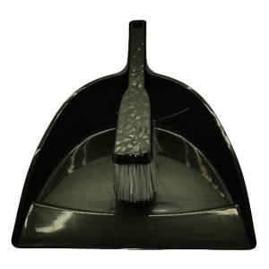 Black plastic dustpan with a small brush resting on its edge, viewed from the front, ready for sweeping debris into it.