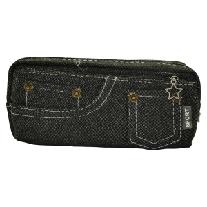 Denim-style zip pencil case with brass rivets, white stitching, and a small front pocket plus a star charm and SPORT tag