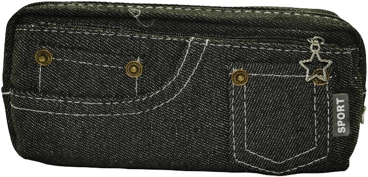 CSY-855-BLK - Computech-Solutions Denim-style zip pencil case with brass rivets, white stitching, and a small front pocket plus a star charm and SPORT tag