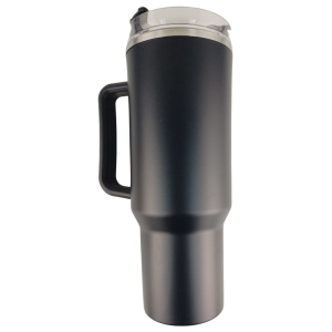 Black matte insulated tumbler with a clear lid and side handle, designed for hot/cold beverages.