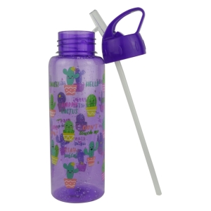 CSY-AP40198PUR - Computech-Solutions Purple kids' water bottle with cactus prints and a detachable clear straw; purple lid sits nearby.