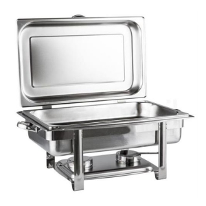 CSY-CK01 - Computech-Solutions Stainless steel chafing dish with lid open on a warming stand, used to serve hot buffet food.