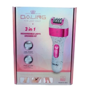 Packaging for a 3-in-1 rechargeable ladies grooming kit in pink and white; shows a handheld shaver and foot grinder on the box with icons and text.”,
