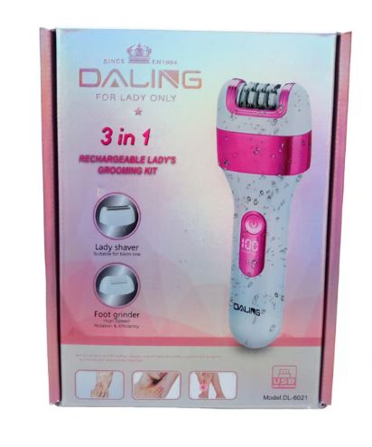 CSY-DL6037 - Computech-Solutions Packaging for a 3-in-1 rechargeable ladies grooming kit in pink and white; shows a handheld shaver and foot grinder on the box with icons and text.”,