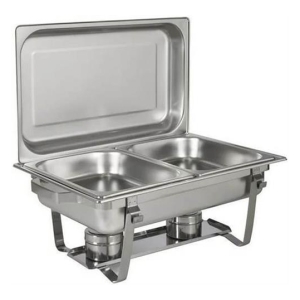 Stainless steel chafing dish with two pans and an open lid on a frame, used to keep buffet food warm.