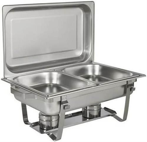 CSY-GD02 - Computech-Solutions Stainless steel chafing dish with two pans and an open lid on a frame, used to keep buffet food warm.