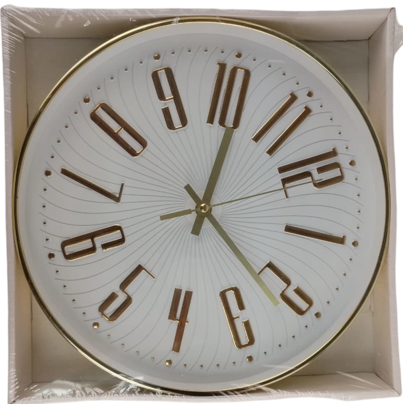CSY-KX6003-5GLD - Computech-Solutions Large round wall clock with gold numerals on a light face, shown in a protective box.