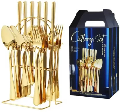 CSY-LSB1010 - Computech-Solutions Gold-tone cutlery set on a stand beside its packaging, a 24-piece box labeled 'Cutlery Set' appears in the background.
