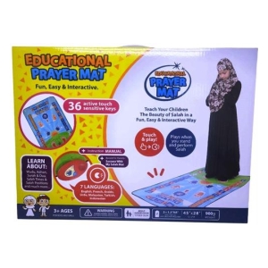 CSY-MJC-9011 - Computech-Solutions Box for the Educational Prayer Mat with 36 touch-sensitive keys and a girl using the mat to learn Salah (teaching kids via interactive keys).​