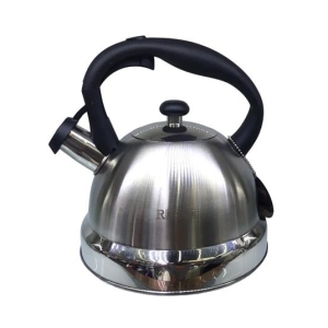 CSY-RE-1003 - Computech-Solutions Stainless steel whistling tea kettle with a black ergonomic handle and curved spout.