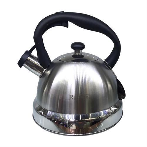 CSY-RE-1003 - Computech-Solutions Stainless steel whistling tea kettle with a black ergonomic handle and curved spout.