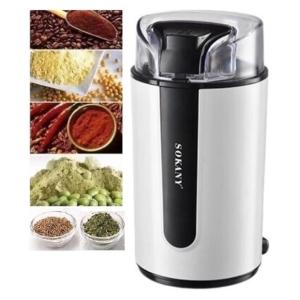 Stainless steel juicer with a clear lid; left collage shows coffee beans and various ground spices/powders, on a white background.