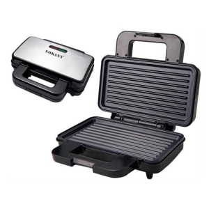 Sokany electric sandwich maker with a closed top and hot plate grill seen from a diagonal angle