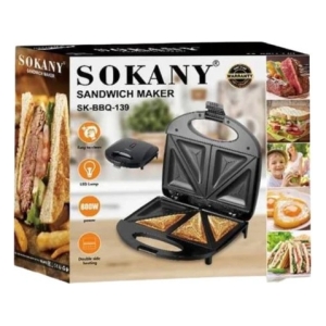 Sokany sandwich maker in its box, open to reveal two triangular grilling plates for toasted sandwiches.