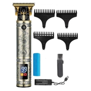 CSY-SK-LF-9982 - Computech-Solutions Cordless hair trimmer with dragon-engraved body, four clip-on comb guards, blue rechargeable battery, USB charger, cleaning brush, and extra blade cartridge.