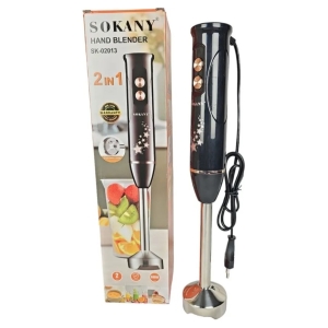 Hand blender (2-in-1) with black body and stainless blending shaft shown next to its box, featuring control buttons and cord; Sokany brand.