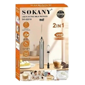 Sokany USB electric milk frother 2-in-1 packaging showing handheld frother and whisk attachment on front.