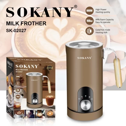 CSY-SK02027 - Computech-Solutions SOKANY Milk Frother set with brown cordless frother and its box on a latte-art backdrop.