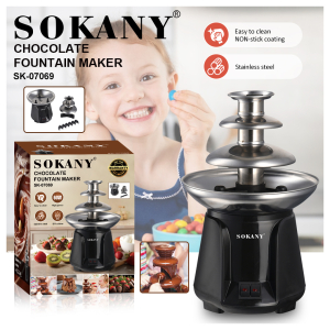 Sokany chocolate fountain maker SK-07069 with a multi-tier stainless steel fountain on a black base, shown with its packaging and dessert images.