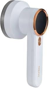 CSY-SK12005 - Computech-Solutions White cordless facial massager with a large circular treatment head edged in copper and a slim handle