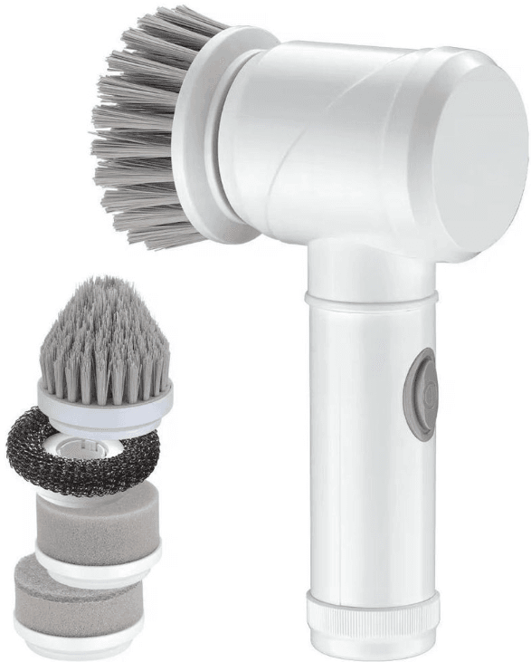 CSY-SK12009 - Computech-Solutions Electric handheld cleaning brush with a rotating head and replaceable bristle and pad attachments for scrubbing surfaces.