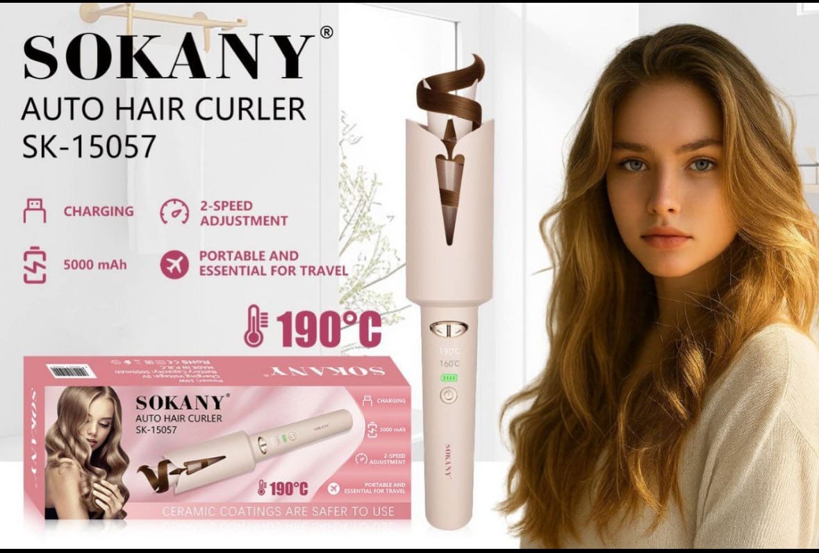CSY-SK15057 - Computech-Solutions SOKANY Auto Hair Curler SK-15057 with pink wand, packaging, and a woman with long wavy hair; highlights include 190°C and travel-friendly features.