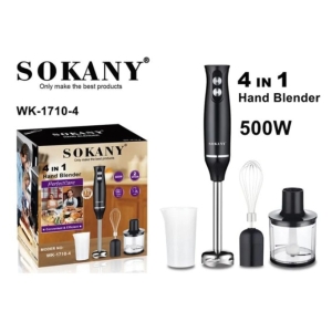 SOKANY 4-in-1 hand blender set with whisk, chopper, and beaker beside its box (500W)