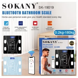 CSY-SK19019BLK - Computech-Solutions SOKANY SK-19019 Bluetooth bathroom scale with 0.2 kg–180 kg range shown beside its boxed packaging and a smartphone app interface