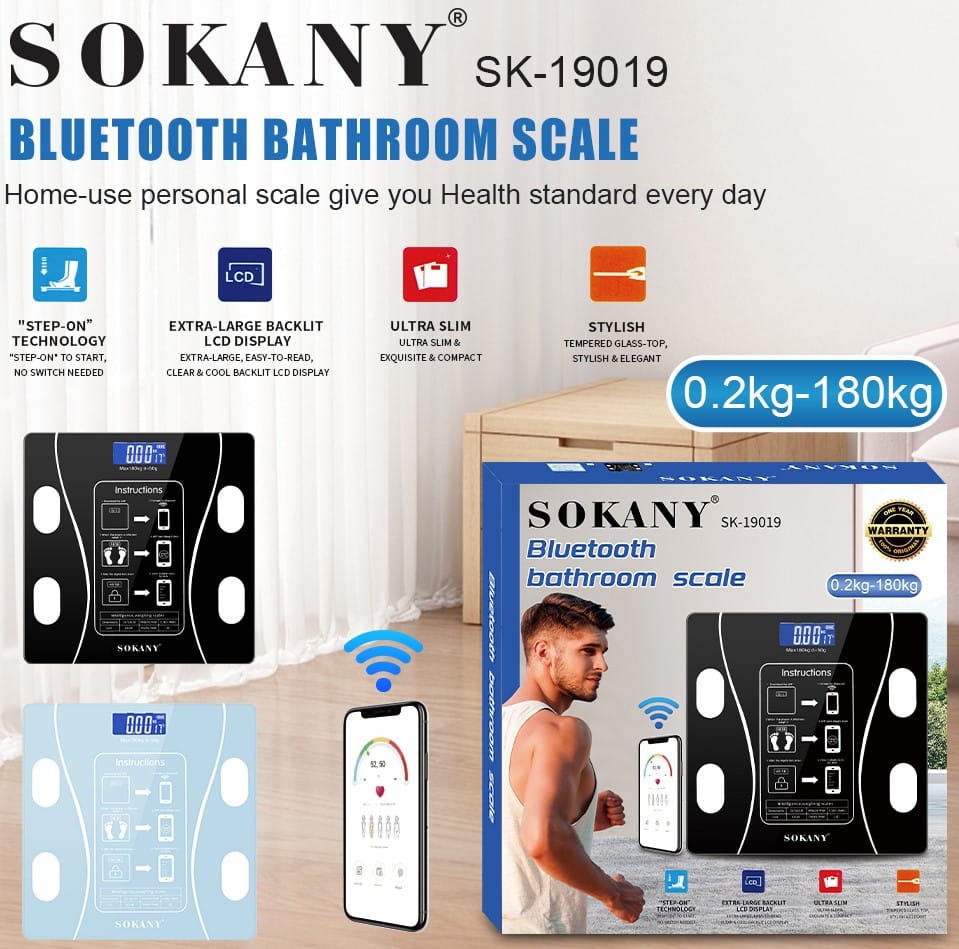 CSY-SK19019BLU - Computech-Solutions Sokany Bluetooth bathroom scale SK-19019 packaging with scale display and smartphone app visuals